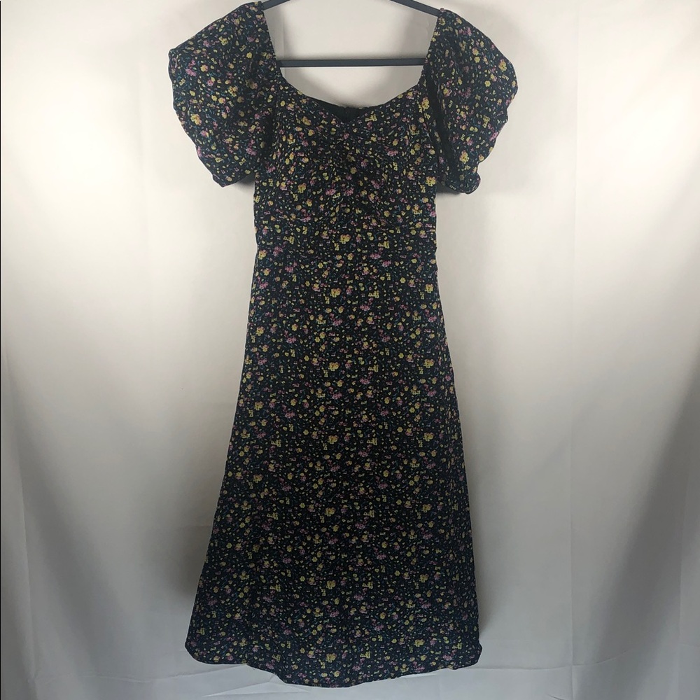 Cottagecore Floral Milkmaid Midi Dress with Puff Sleeves